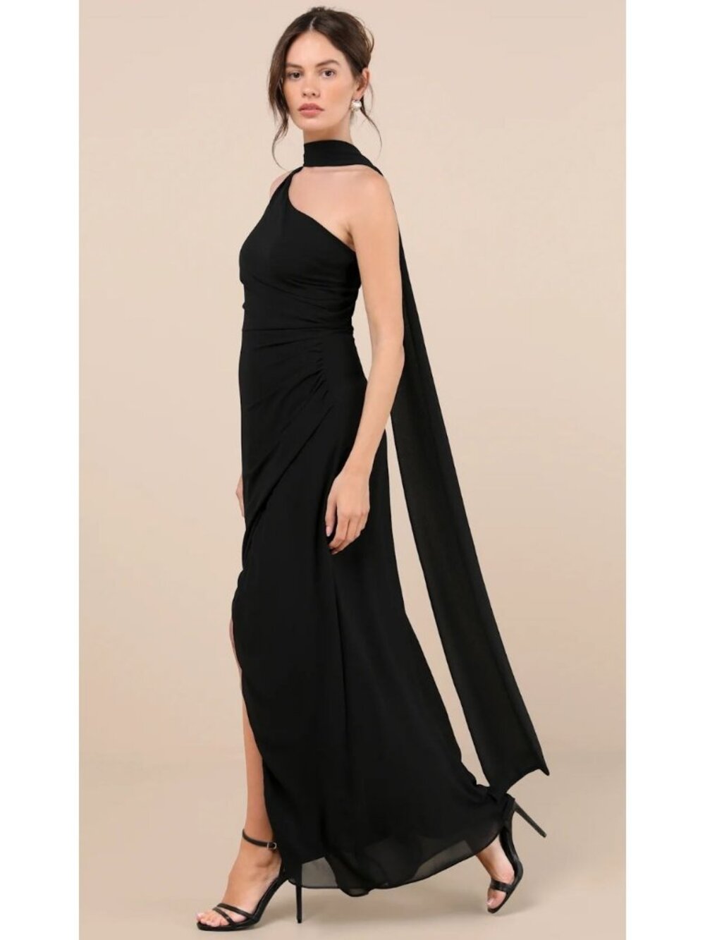 Lulus Adeline Black One-Shoulder Scarf Maxi Dress Women's Size Medium NWT!